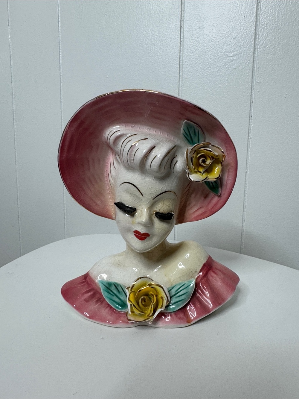 Vintage head vase wall pocket women in hat with flaws